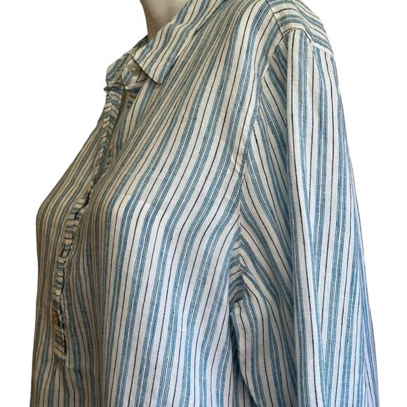 Pure Jill Love Linen White Blue Black Striped 1/2 Button Popover Tunic Top sz M - Picture 3 of 11